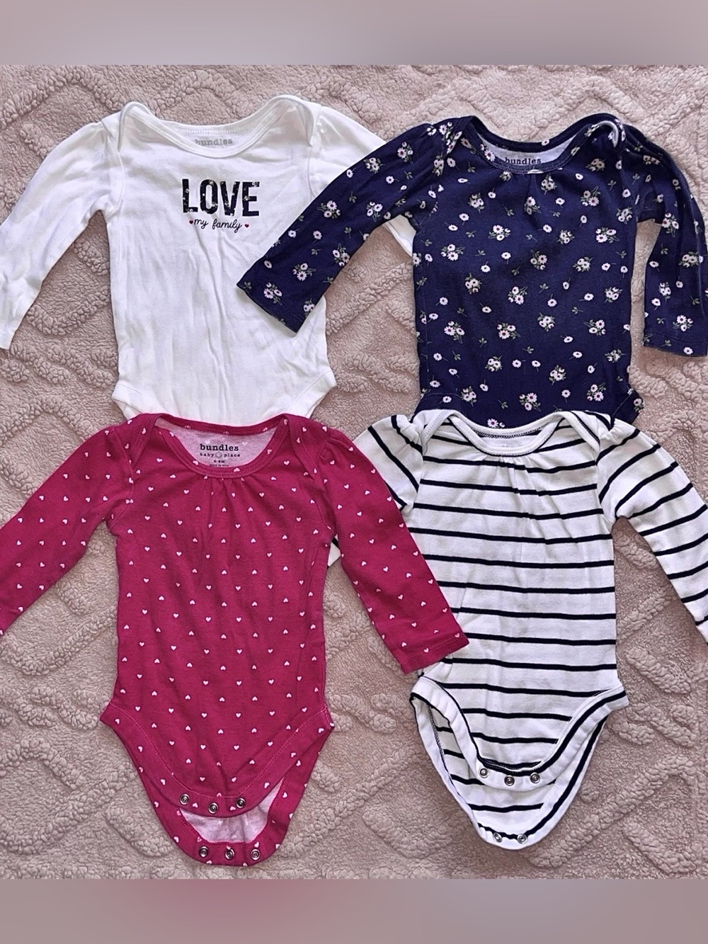 Baby Girl 6-9M Bodysuit Lot - Floral Striped Long Sleeve Onesies, Bundle Of 4